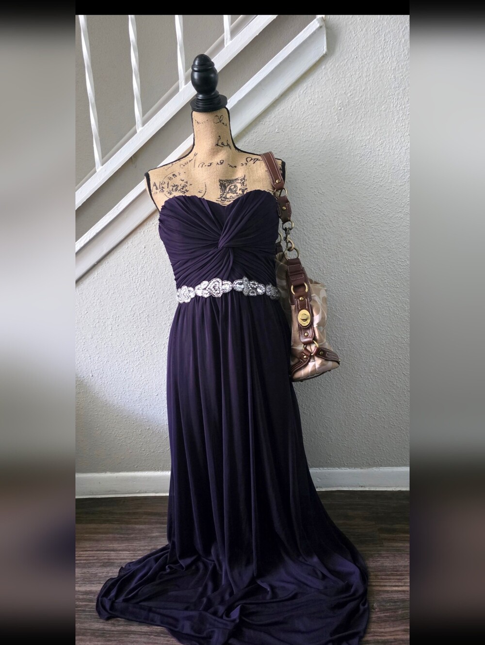 City Triangles Vintage Y2K Purple Strapless Rhinestone Belt Maxi Dress Gown 15
